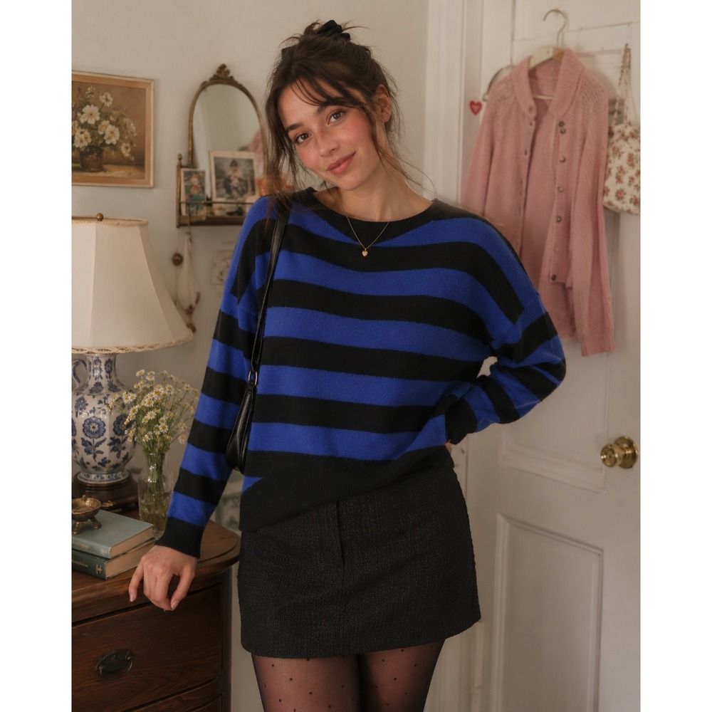 Magaschoni‎ Womens Oversized Cashmere Sweater Size L Blue Black Striped Luxe